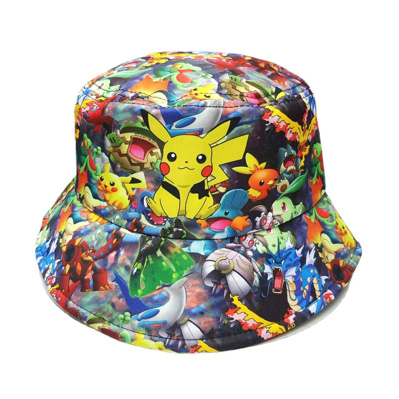 Cross-Border Pikachu Printing Bucket Hat Japanese Anime Pokémon Bucket Hat Cute Cartoon Elf Sun Hat