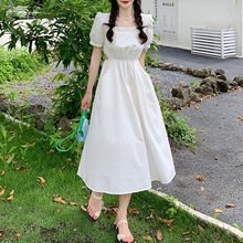 收腰小众设计感显瘦泡泡袖连衣裙子女2024新款夏天纯色中长裙