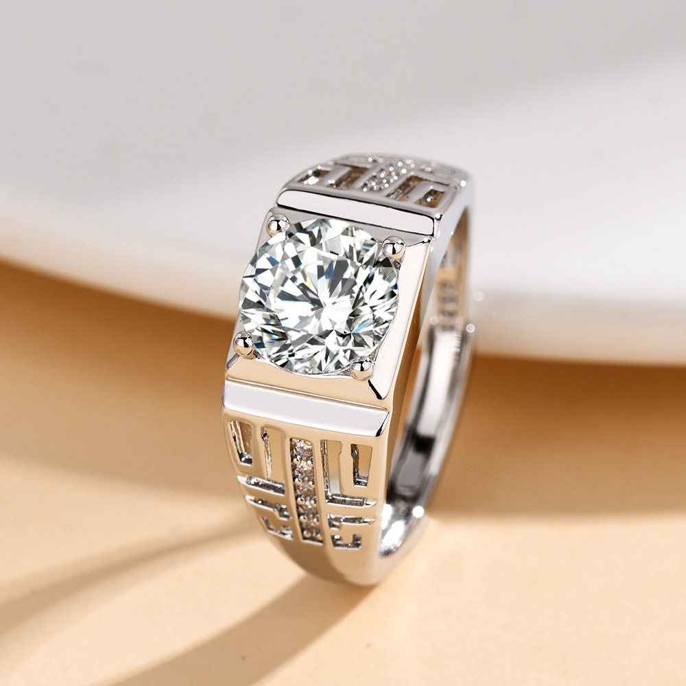 跨境爆款男士钻戒镂空戒托仿真钻2克拉男式戒指男士开口克拉婚戒