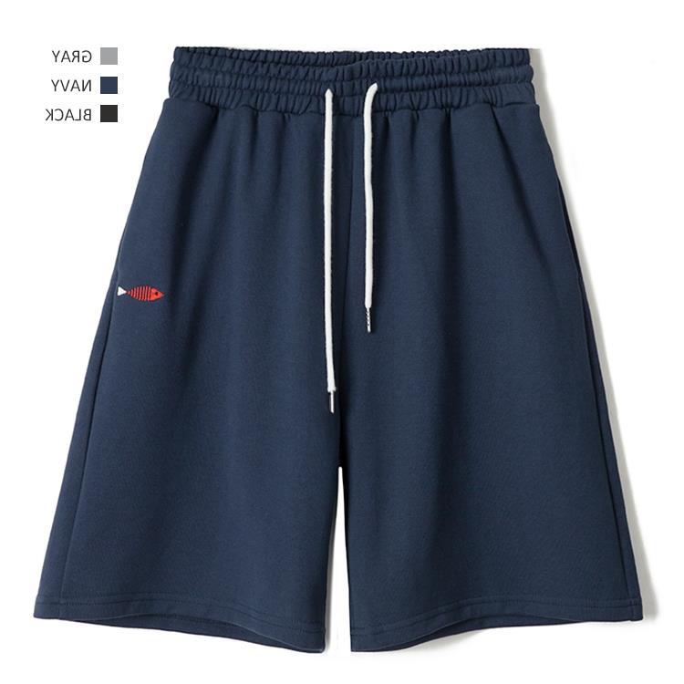 【鱼骨刺绣·休闲中裤】【隐藏口袋】浅川时风蓝,系带宽松五分裤