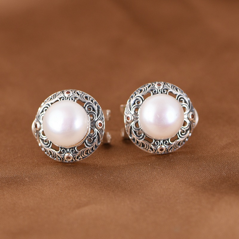 金鹿王 s925银耳扣 文艺时尚藤蔓花纹镶淡水珍珠女款银耳坠耳饰