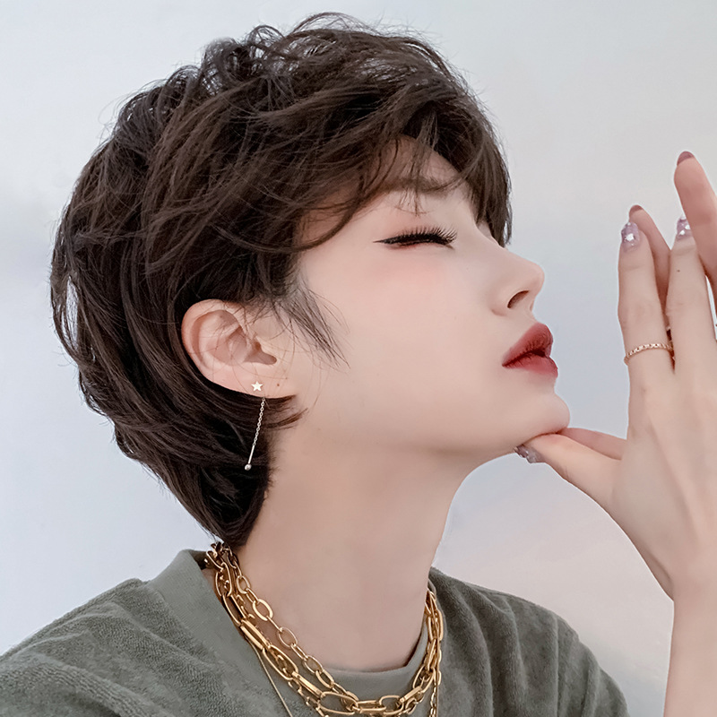 假发女短发中性帅气短卷发整顶全头套式发套网红蓬松自然烫卷发-阿里