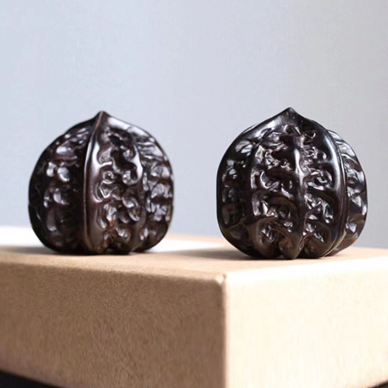 黑檀木盘玩核桃手把件白狮子头古玩把玩手玩文玩四座楼官帽手球