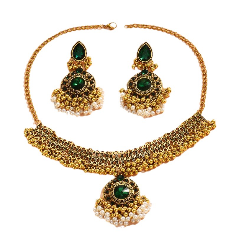 Jewelry Southeast Asia Popular Indian Ethnic Style Vintage Gem Beads Jewelry 2-Piece Set Earrings Necklace