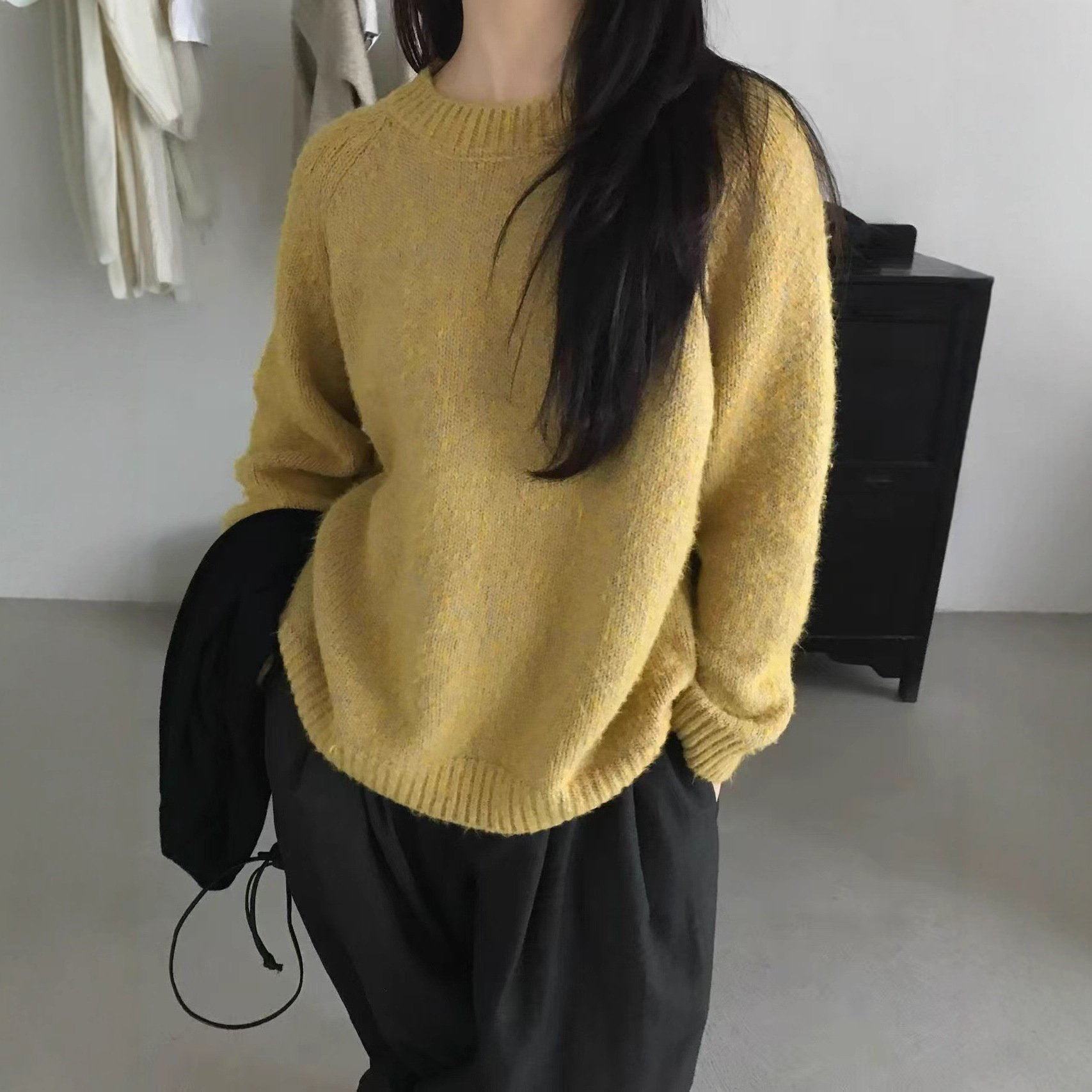 韩系慵懒风针织衫女秋冬新款宽松显瘦套头毛衣气质上衣跨境批发