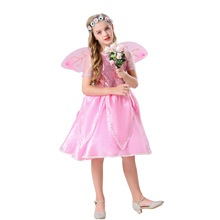 S-XL万圣节粉色小天使服装 儿童翅膀白雪公主连衣裙