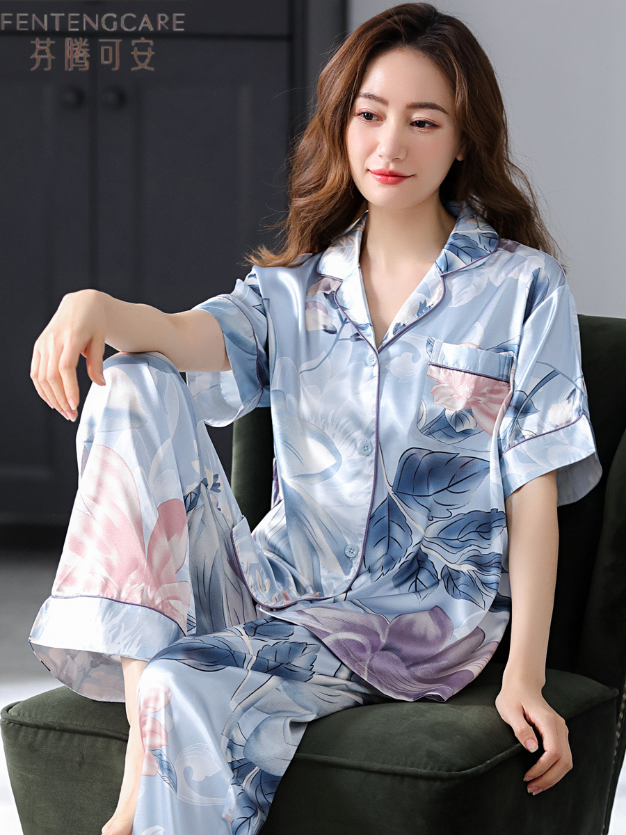 芬腾可安睡衣女夏季丝绸冰丝短袖家居服夏天薄款中年妈妈真丝套装
