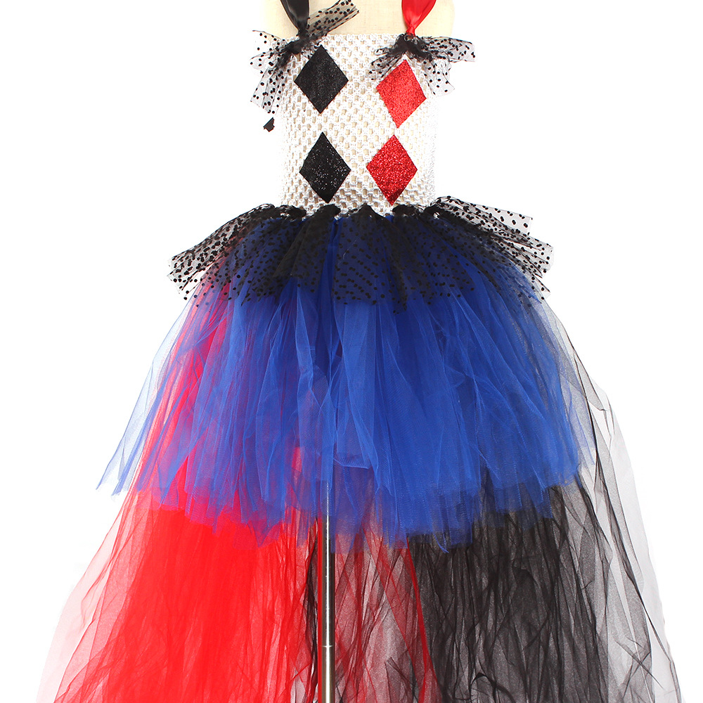 万圣节欧美女童连衣裙小丑女网纱蓬蓬裙公主裙儿童表演走秀礼服