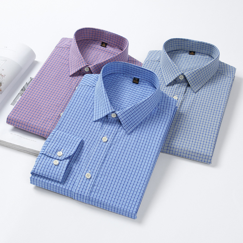 小格子衬衫休闲男装外穿内搭无口袋粘纤聚酯纤维弹力抗皱长袖衬衣