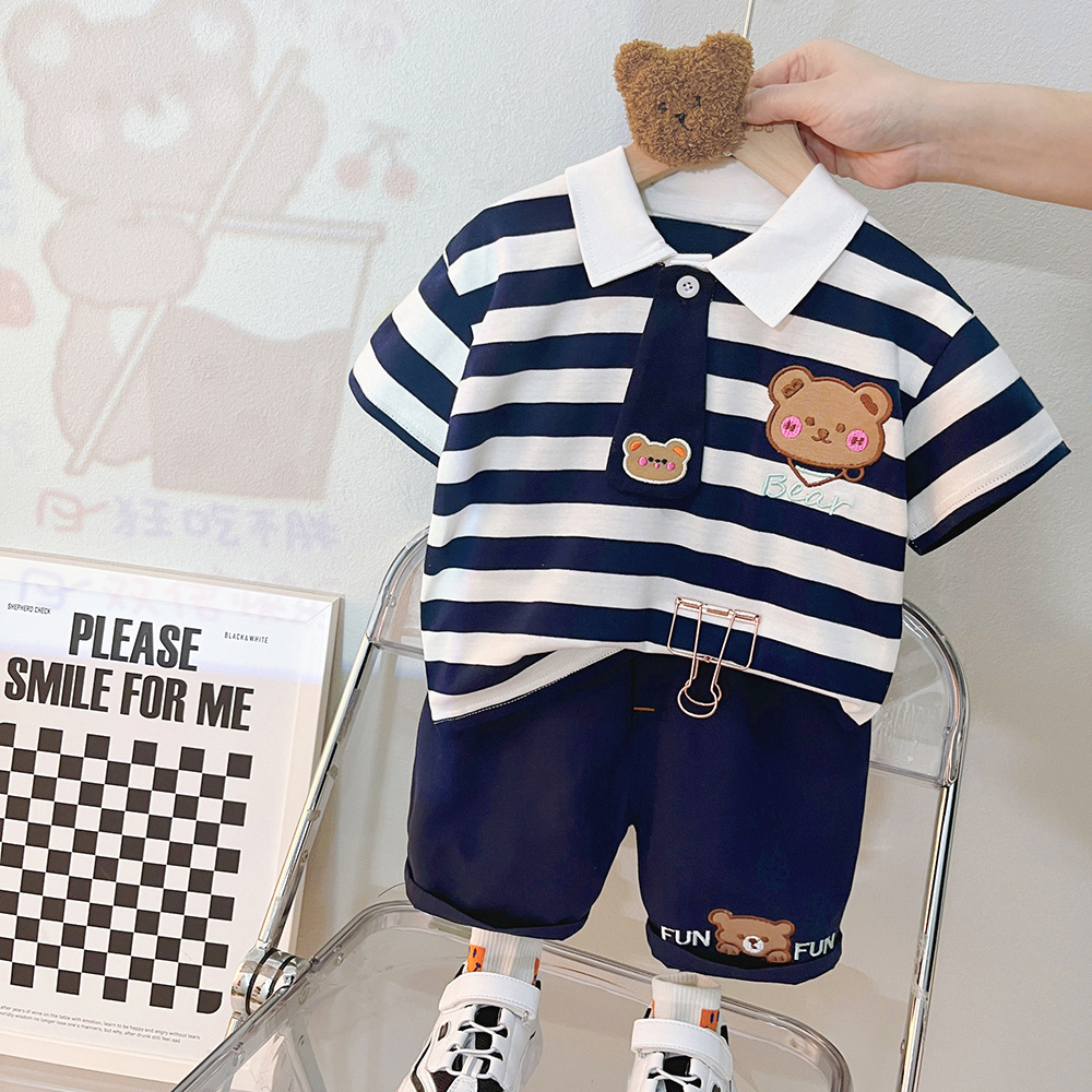 Boys Summer New Girls Korean Style Striped T-shirt Suit Fashion Baby Cute Short Sleeve Two-Piece Set Wholesale