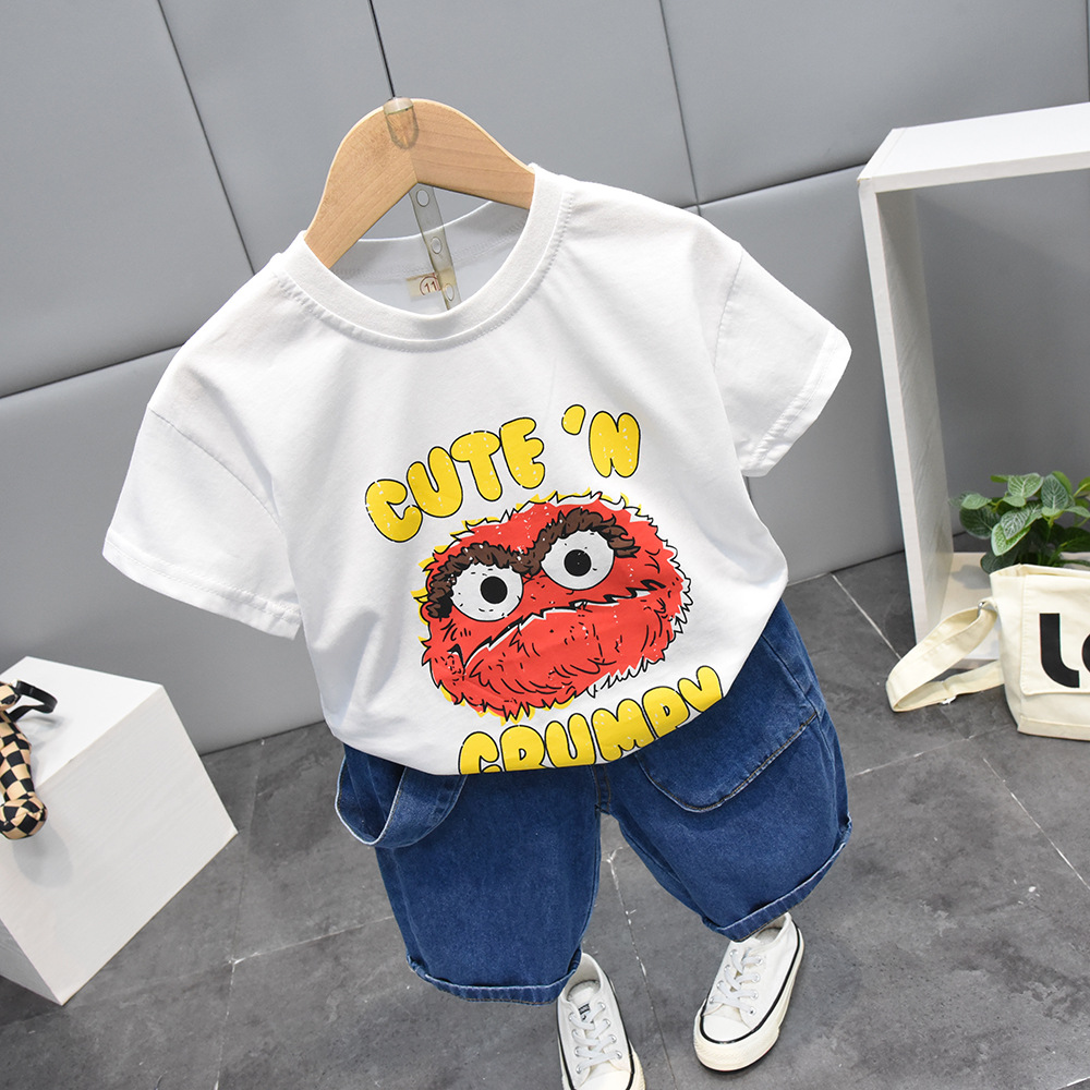 童装男童夏装儿童字母卡通短袖t恤洋气宝贝潮流衣服牛仔短裤套装