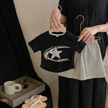 韩版童装2023夏季新款女童星星字母短袖恤运动风简约半身裙套装