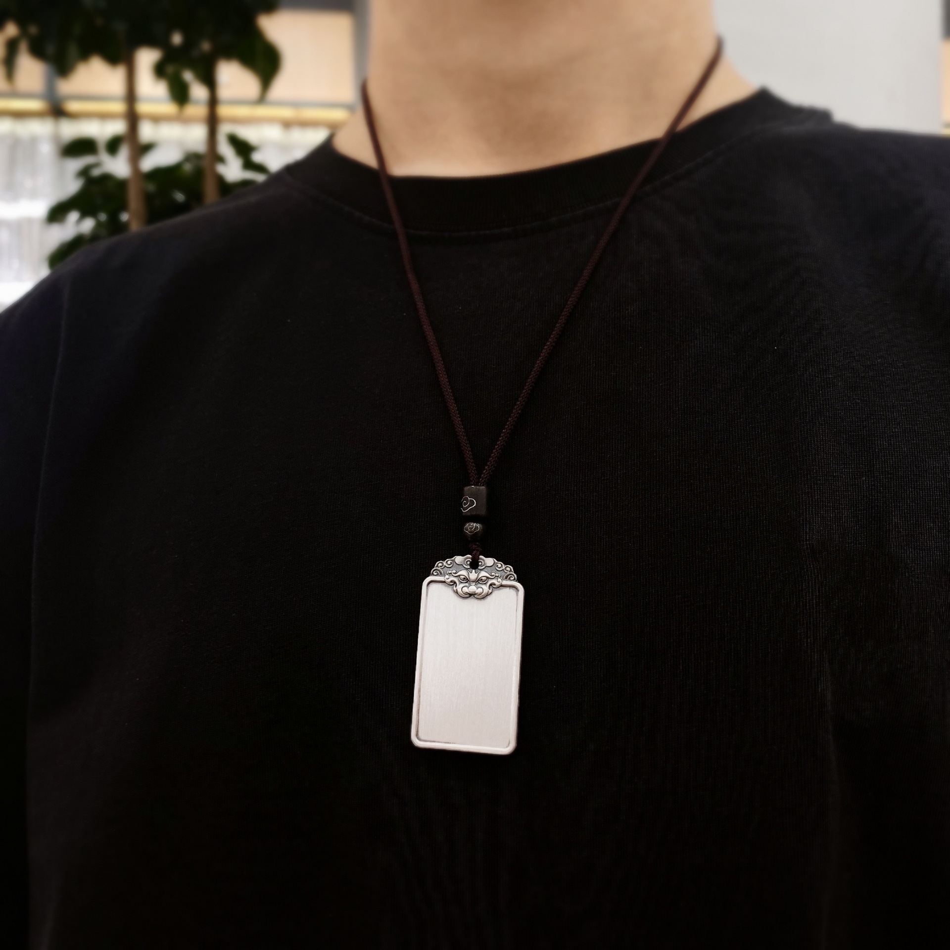 福氏足银999银吊牌国潮复古兽头祥云无事牌吊坠纯银项链挂件