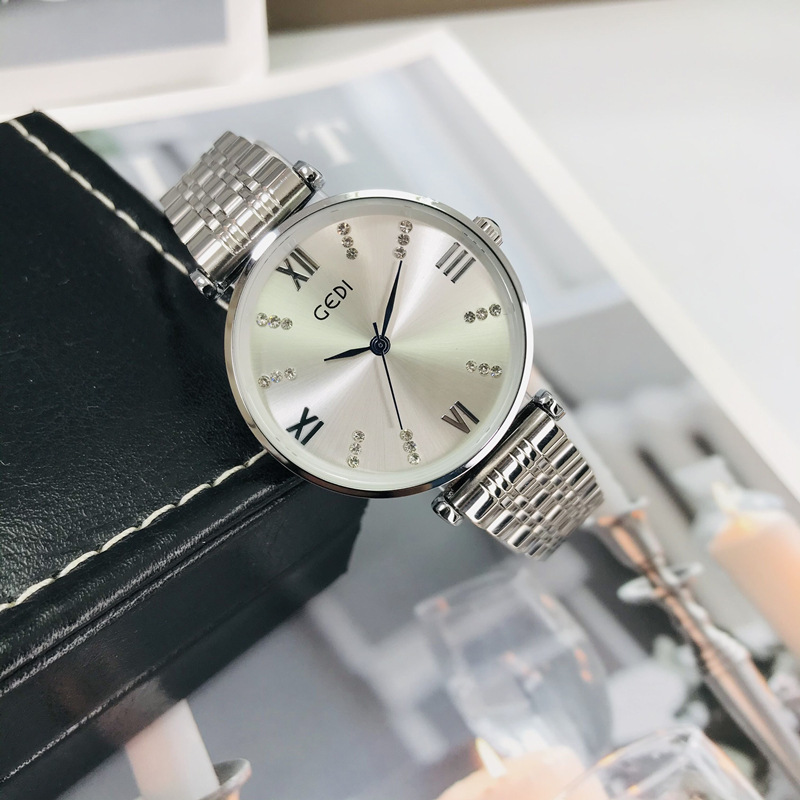 gedi歌迪手表女士简约气质银色白钢带防水高档精致学生女表薄批发
