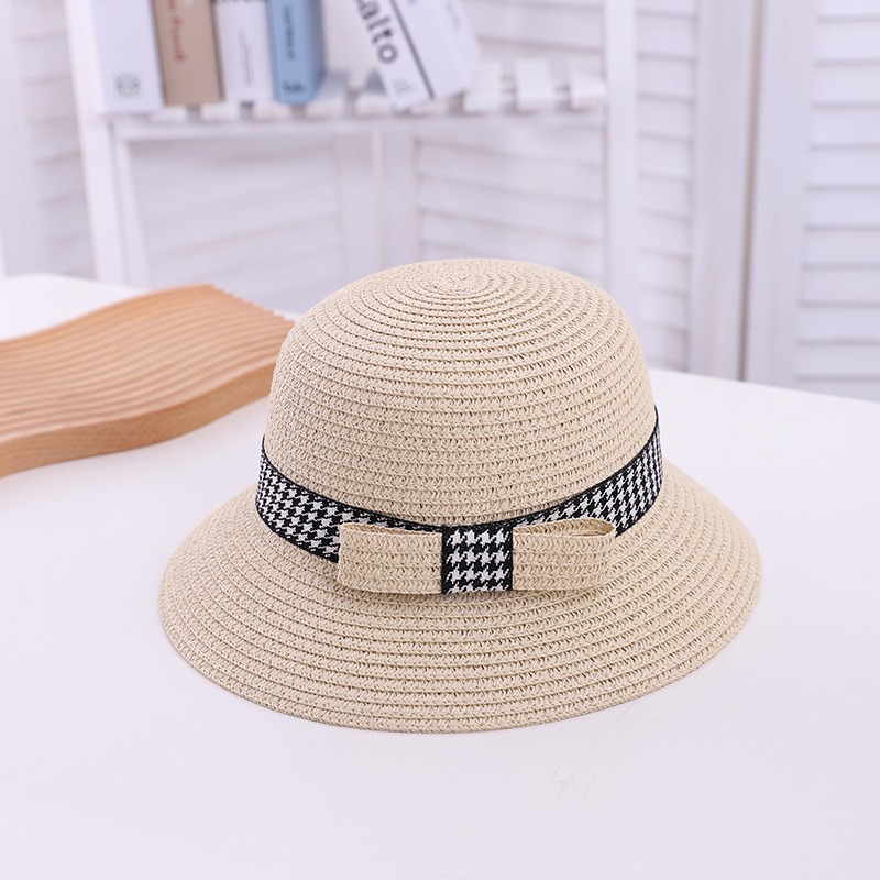 Summer Children's Travel Star Same Style Straw Hat Parent-Child Houndstooth Bucket Hat Sunshade Foldable Baby Beach Hat