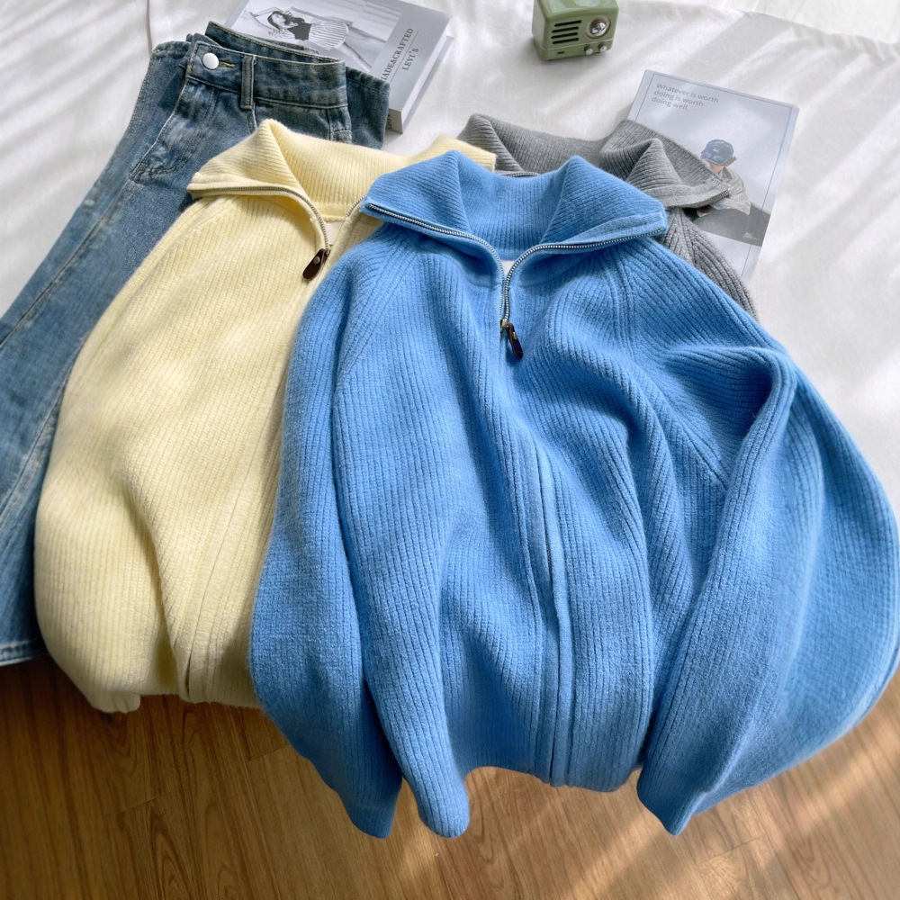 韩版慵懒高级感拉链毛衣开衫外套女秋冬新款宽松软糯加厚上衣6605