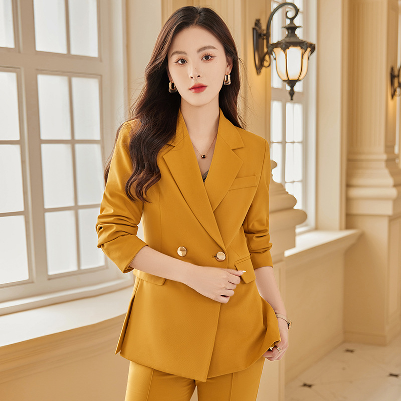 黄色西装外套女秋冬长袖2022新款高端时尚气质修身职业西服两件套