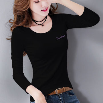95%棉t恤女长袖上衣春秋新款黑色纯色内穿外搭女士修身打底衫女装