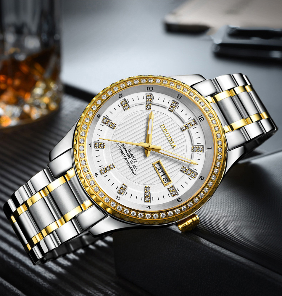 抖音爆款时尚男士镶钻双日历防水夜光手表实心钢带蝴蝶扣跨境热销