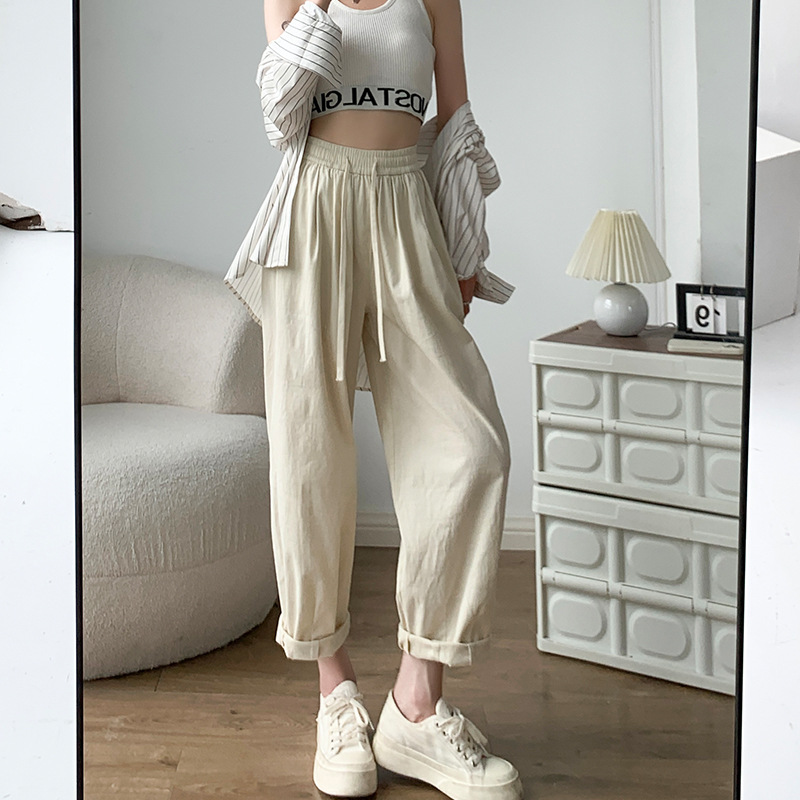 [Pure Cotton] Overalls Women's Spring and Summer Cotton and Linen High Waist Slimming Ankle-Tied Harem Pants Loose Casual Straight-Leg Wide Leg Pants