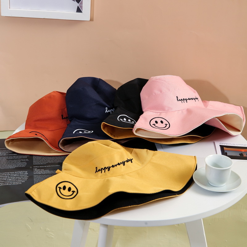 summer double-sided sun-shade fisherman hat women‘s big brim sun protection smiley face daisy korean style internet celebrity bucket hat one piece dropshipping