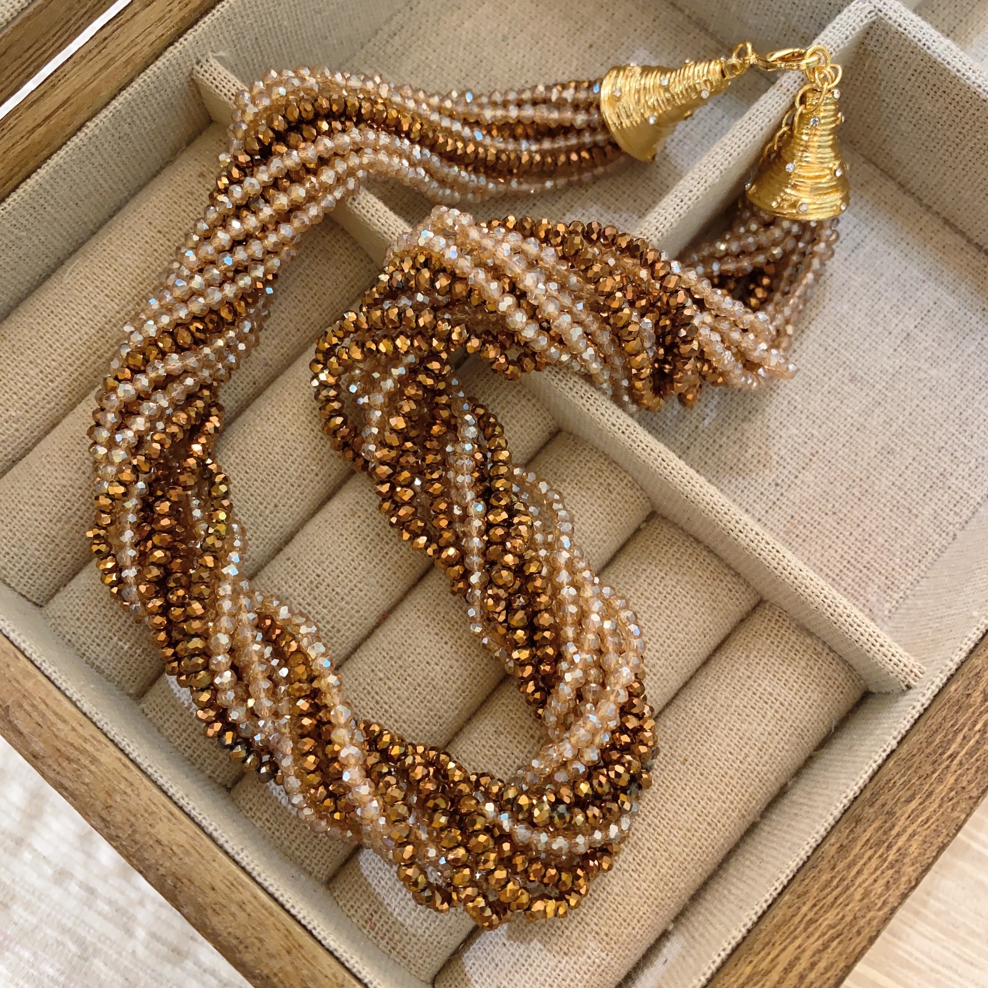 棕色水晶琉璃多层层项链耳环女vintage中古意大利老奶奶款焦糖色