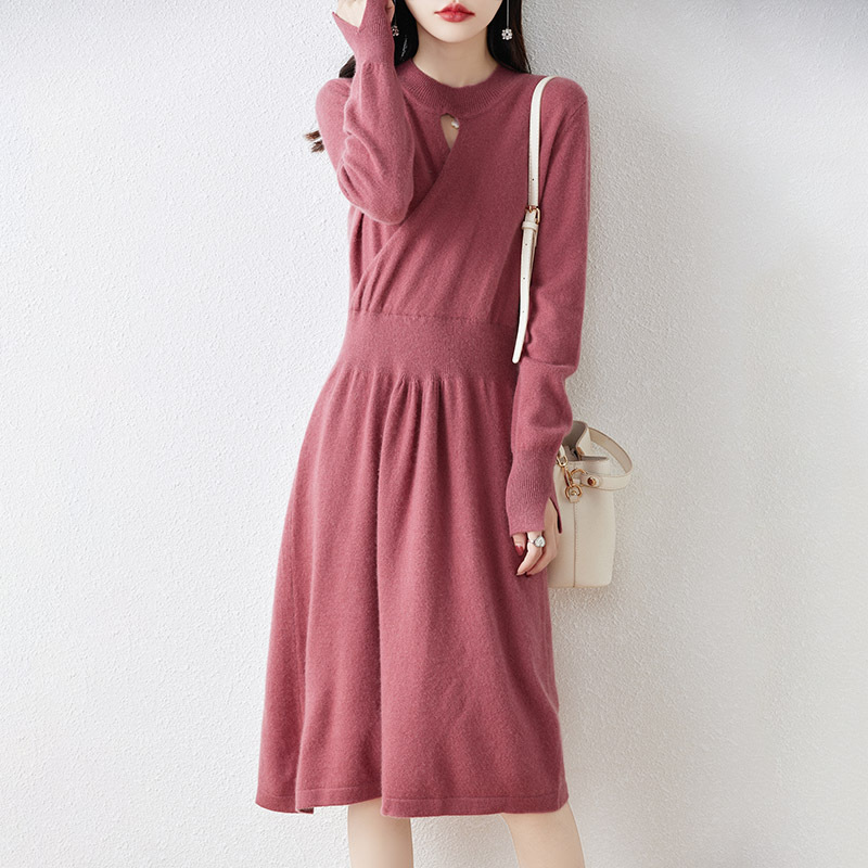 Autumn and Winter New Merino Wool Midi Dress Women's Half Turtleneck Knitted Slimming Temperament Kimono Skirt