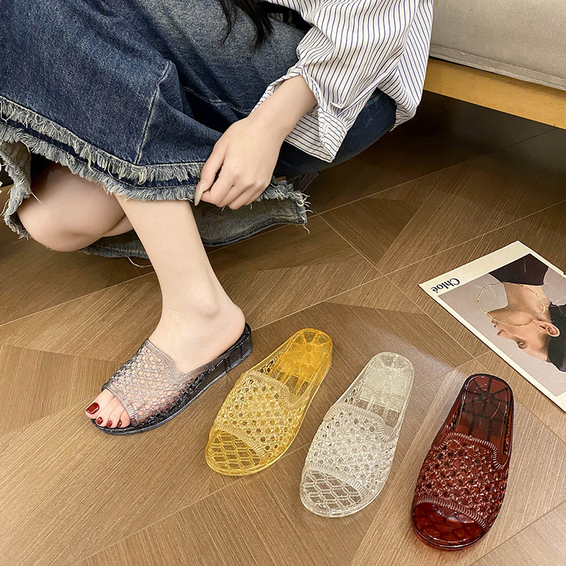 韩版沙滩拖鞋女士夏季户外镂空女拖鞋居家塑料露趾水晶坡跟防滑拖