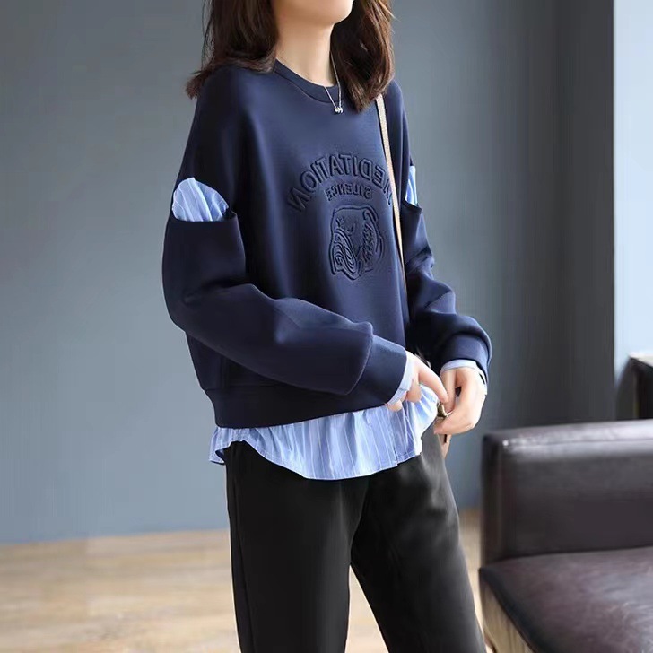 European Station European Goods Trendy Big Brand Label Cut Women's Clothes Clearance Single Product Sample Clothes Spring and Autumn Thin False Two-Piece Patchwork Sweater Fashion