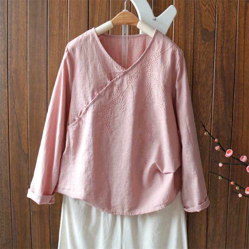 秋装新款复古中国风文艺斜襟盘扣棉麻改良汉服茶服女刺绣衬衫