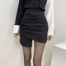 黑色鹿皮绒短裙女秋冬半身裙2023新款不规则一步裙高腰紧身包臀裙