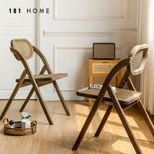 现代简约实木椅子复古做旧折叠藤编椅现代家用休闲轻奢靠背餐椅子