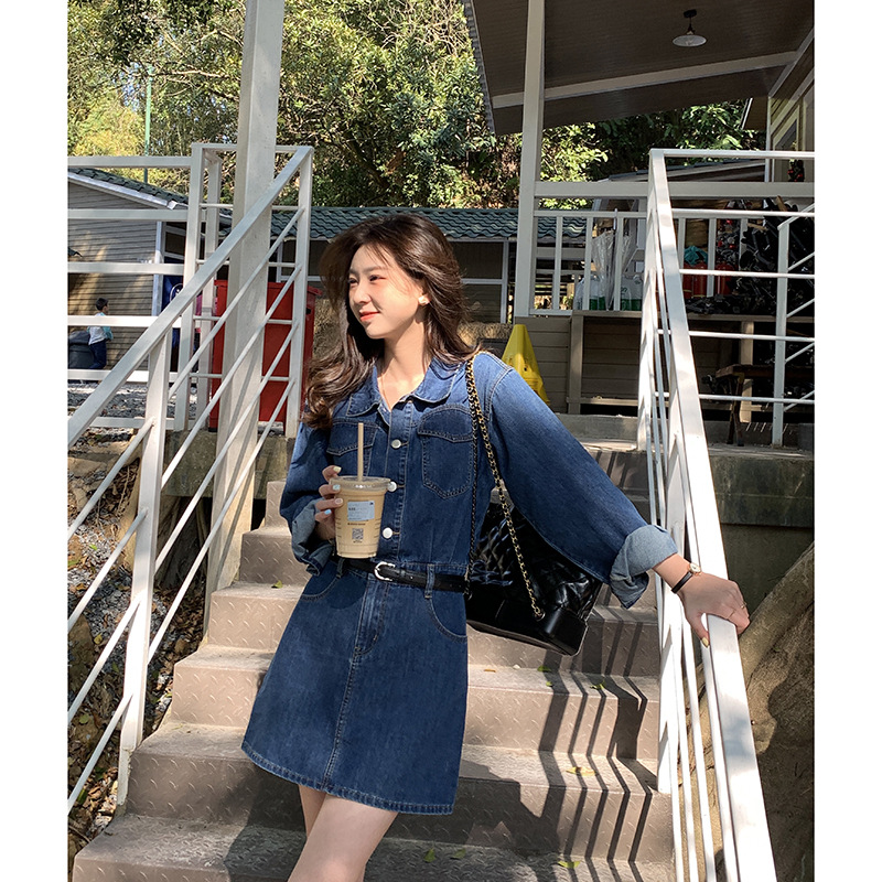 Yellow Chic Retro Denim Dress for Women 2023 Early Spring Korean Style Tight Waist Slimming Petite Short Dress 121la019