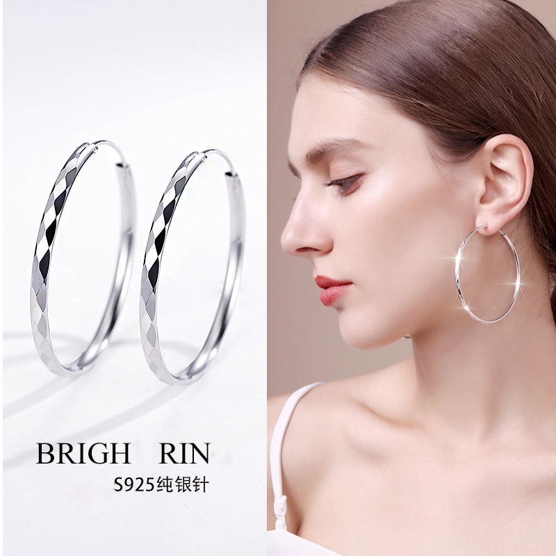 Wholesale S925 Sterling Silver Circle Earrings High-Key Dignified Korean Style Long Ear Clip Diamond 999 Pure Silver Big Ear Ring Women