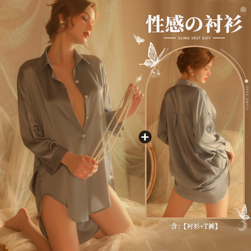 Xianxiao Sexy Boyfriend Style Shirt Pajamas Women's Xiacnee Desire Style Morning Gowns Silk Homewear Can Be Worn outside Large Size 430