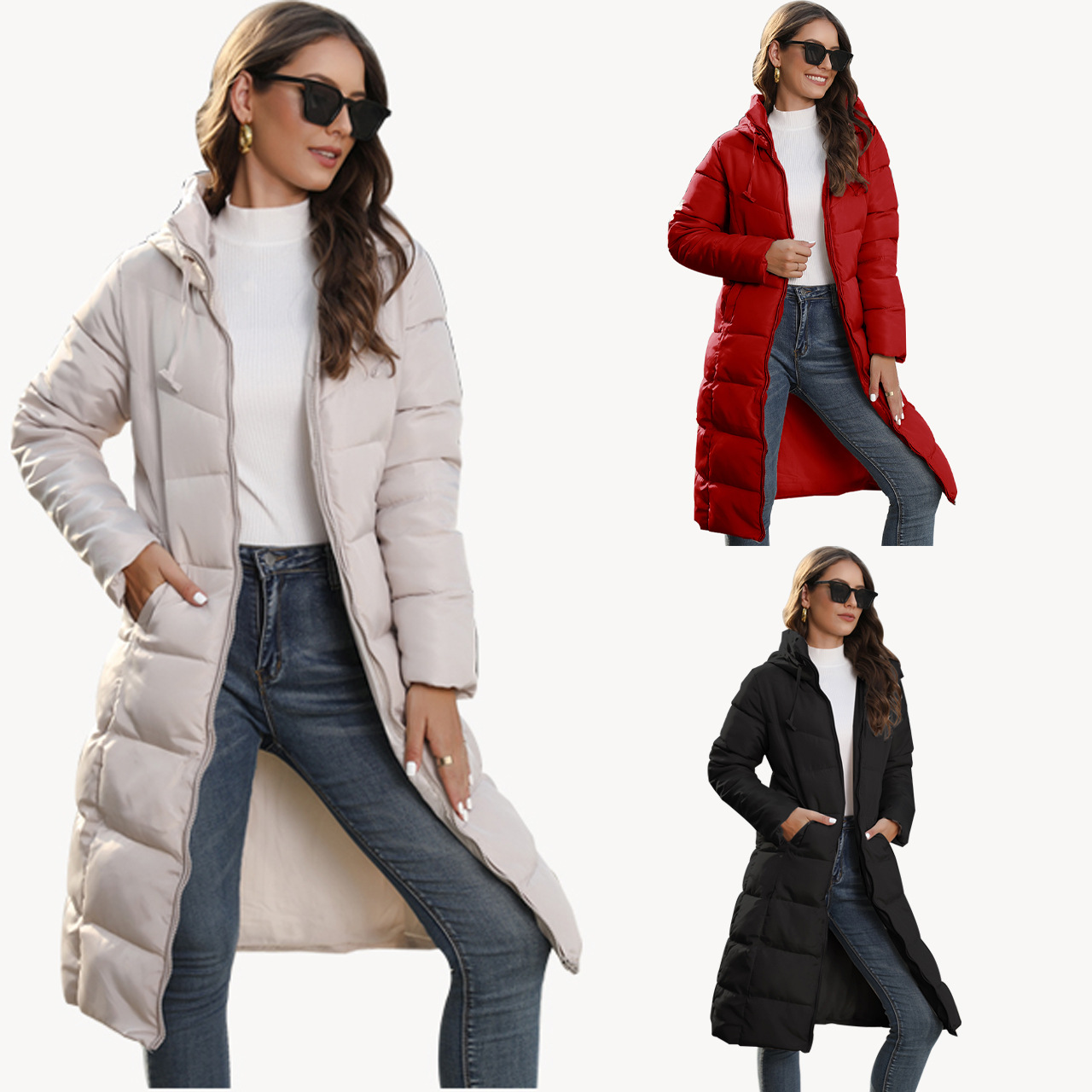 Cross-Border Foreign Trade Winter Hooded Women's Cotton Padded Clothing Women's Mid-Length Slim Quilted Coat Warm down Cotton Jacket Women's Coat