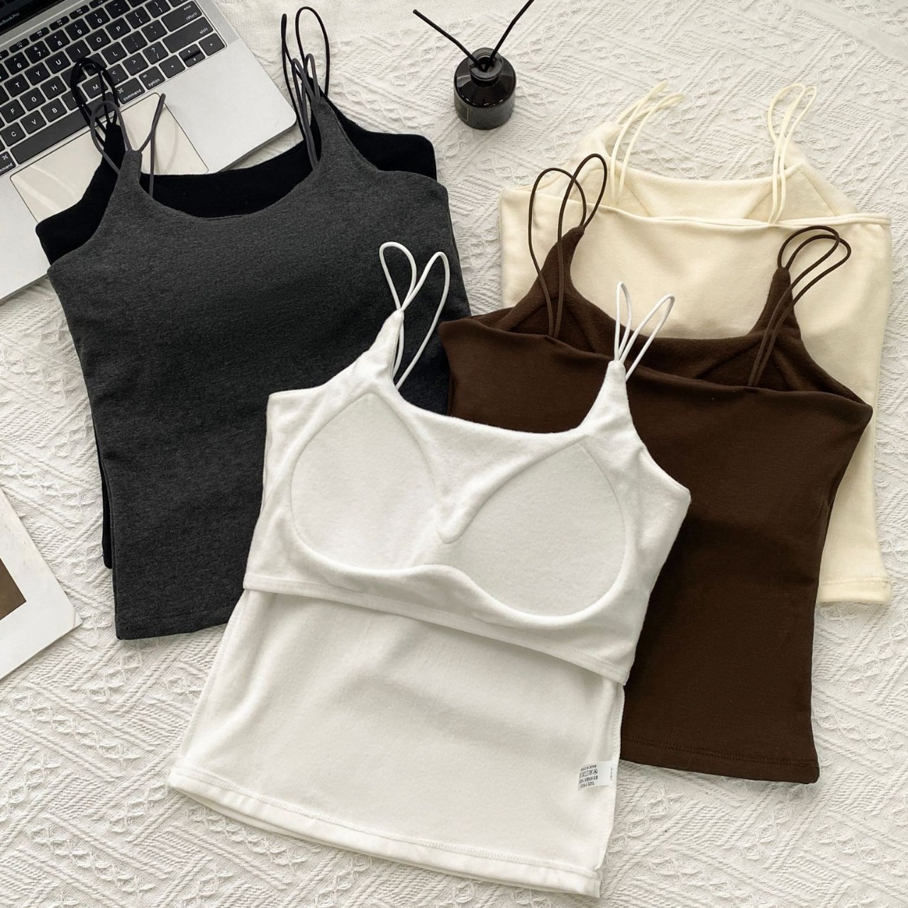 Beauty Back One-Piece Cup Pure Cotton Comes with Chest Pad Vest All-Match American Small Sling Women's Inner Wear Slim-Fit with Brassiere Pad Underwear