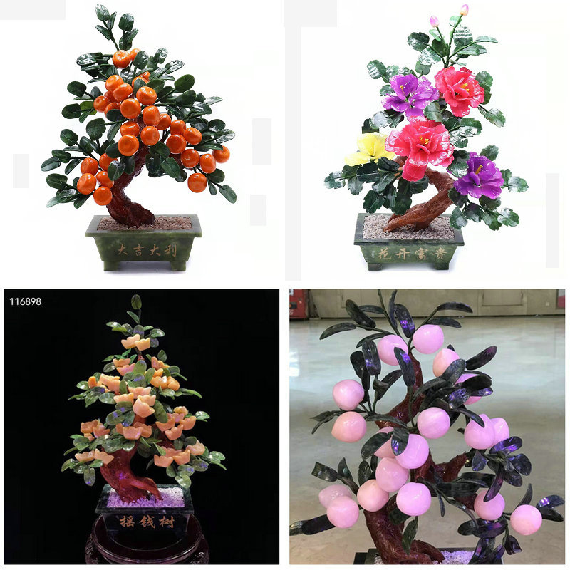 水晶玉石发财树客厅室内桌面摆件装饰牡丹花水晶树绿植金橘桔盆景
