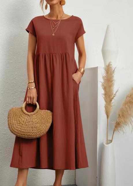 Amazon Aliexpress 2024Ebay European and American Solid Color Sleeveless Loose Cotton Linen Pocket Dress in Stock Women Clothes