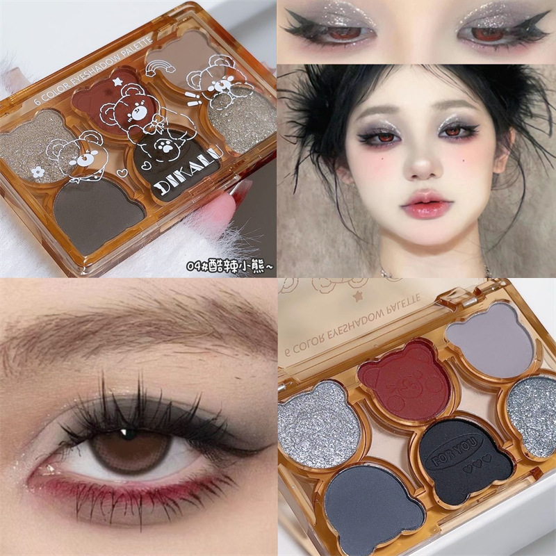 Dikalu Working Bear Swan Ballet Six-Color Eyeshadow Plate Matte Fine Flash Pearlescent Smoky Gray Red Black Eyeshadow Wine Red