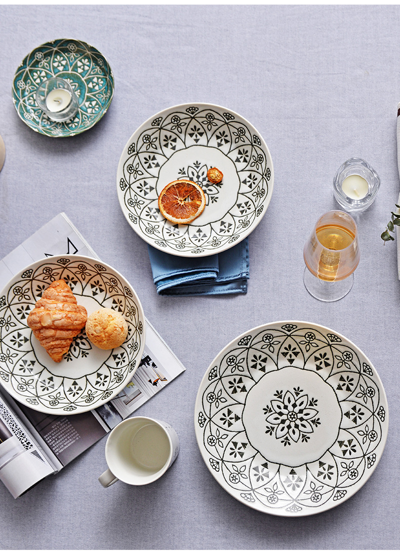 有谷窑日本餐具欧式复古立体花卉釉下彩一人餐饭碗果盘餐盘摩洛哥