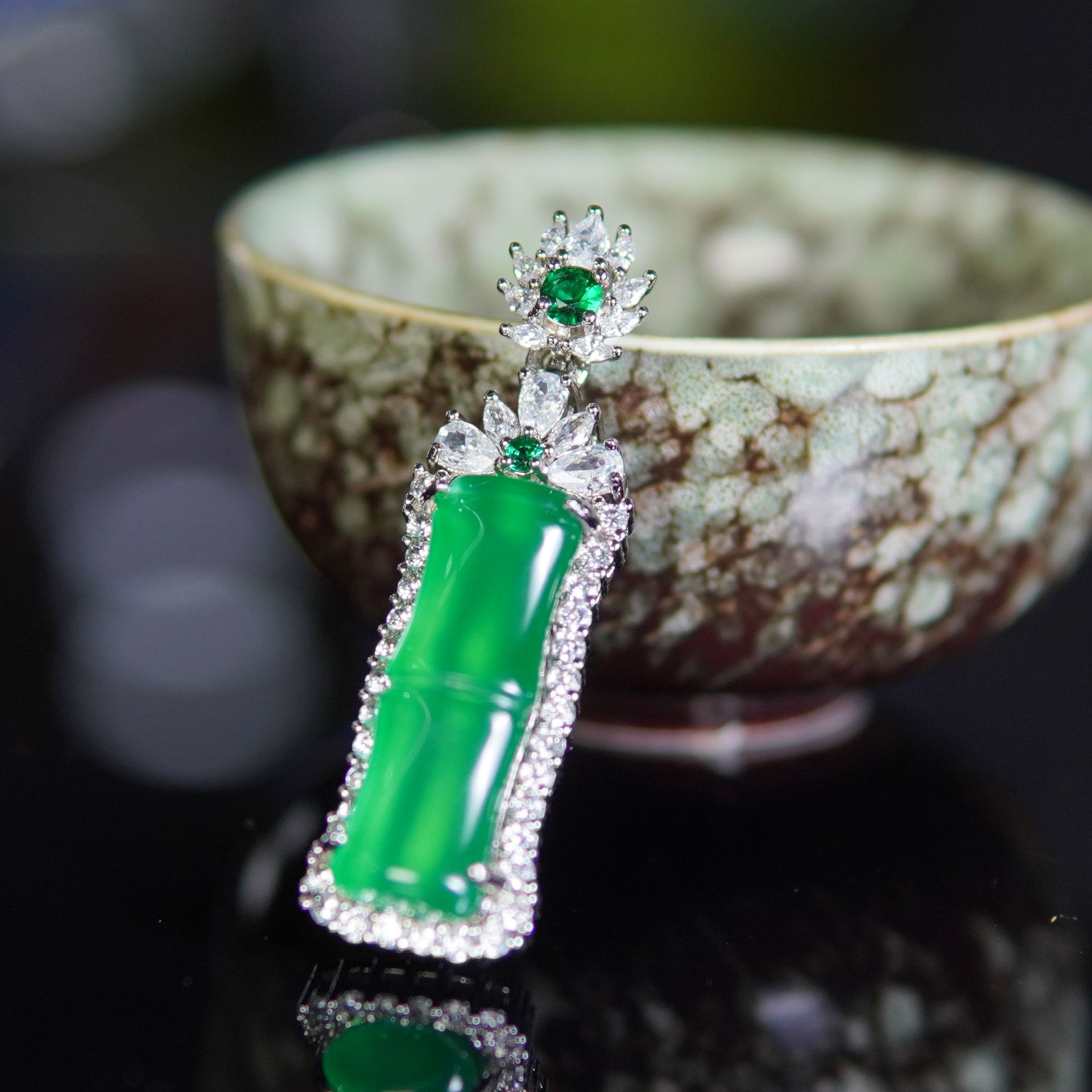 直播货源时尚复古竹节吊坠玉髓项链节节高升镶嵌冰种饰品项链批发