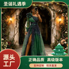 「正确版」跨境2024欧美春秋新款斜肩网纱印花连衣裙 INS休连衣裙