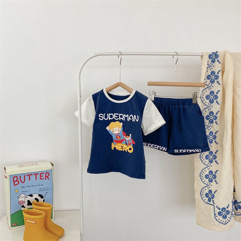 Short-Sleeved Shorts Woven Children's Clothing Summer Children's Kindergarten Comfortable Breathable Leisure Sports Fake Two-Piece Color Matching Baby Clothes