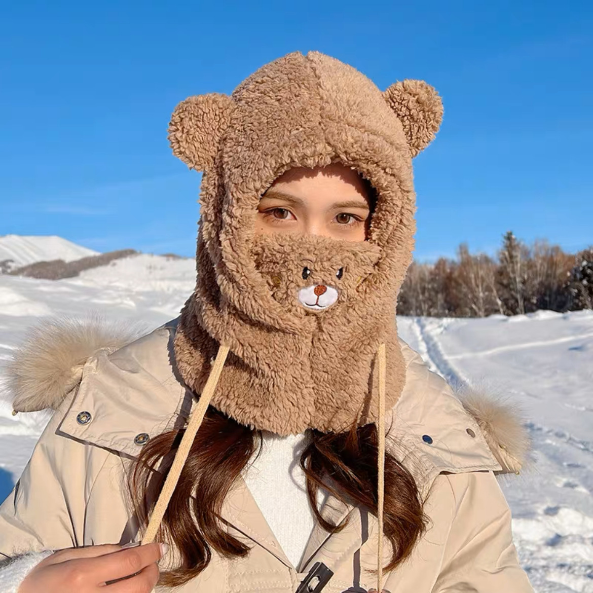 Cute Bear Hat Scarf Integrated Winter Women's Warm Thickened Plush Bonnet Korean Style Lambswool Riding Earmuffs Hat