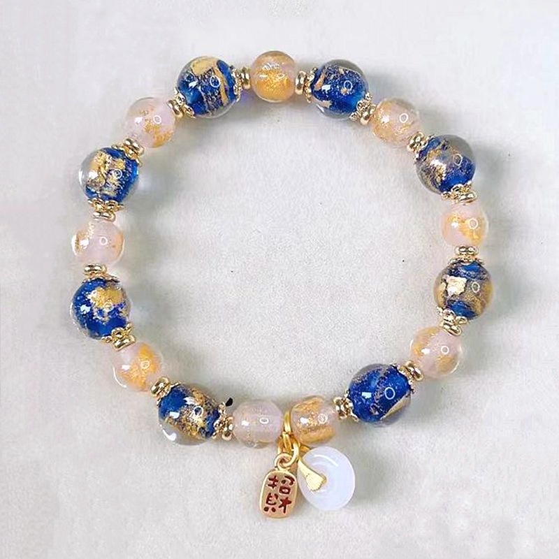 多宝琉璃手串粉蓝色金箔福字手链男女款情侣转运珠平安扣饰品礼物