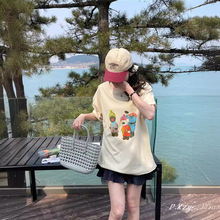 AR 夏季新品女装2024韩版休闲女式短袖T恤薄棉卡通印花圆领小衫女