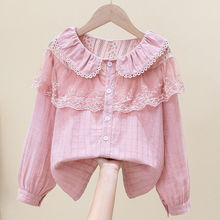 女童衬衫2023新款儿童春装洋气甜美蕾丝花边领洋气长袖粉色衬衣潮