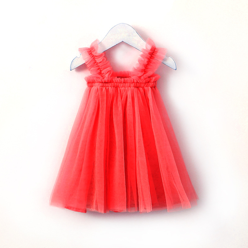 Solid Color Children's Clothing Girl's Strap Skirt Children's Fungus Shoulder Mesh Lace Skirt European and American Pleated Children Shirt Princess Dress