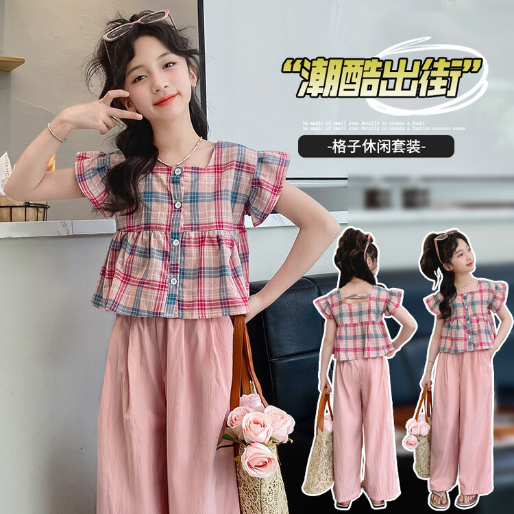 女大童夏季童装时尚风童套装女童格子上衣阔腿裤两件套薄跨境代发